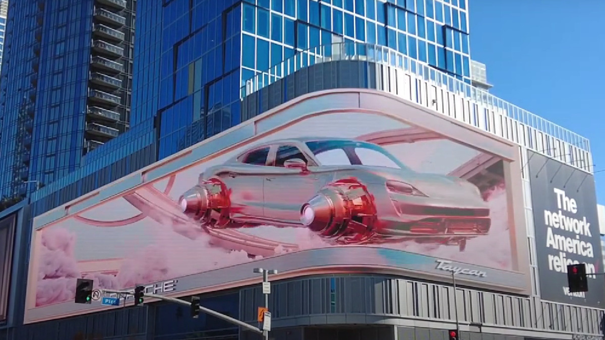 Porsche took over The Moxy DooH screen for its Taycan campaign during the LA Auto Show. (Photo: invidis)
