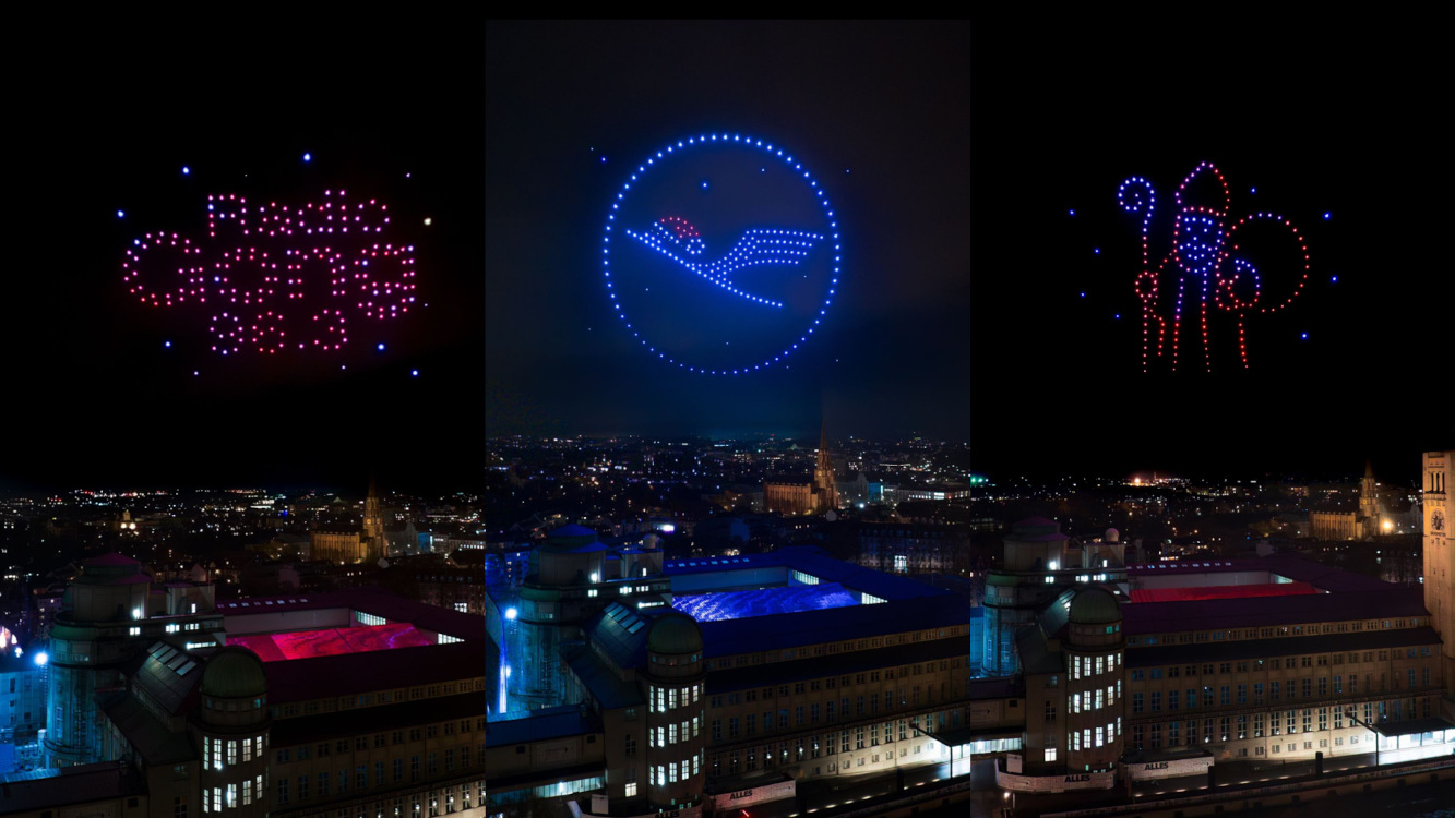 Drones as the New Screens: Storytelling in the Sky - Lufthansa and Radio Gong Drone Show above Munich (Image: Showmatrix) Lufthansa and Radio Gong Drone Show above Munich (Image: Showmatrix)