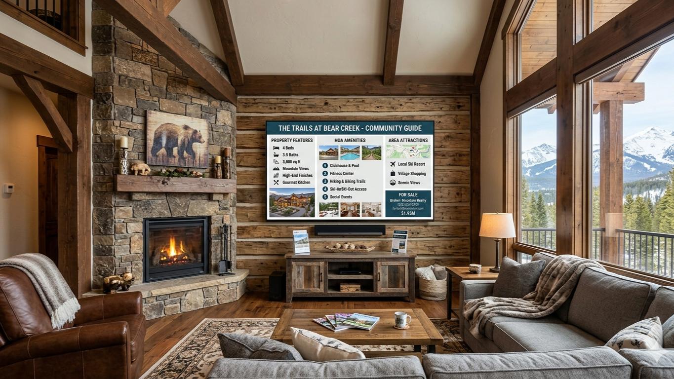 TV-based digital listing display presents property, HOA and community details inside a residential showing environment