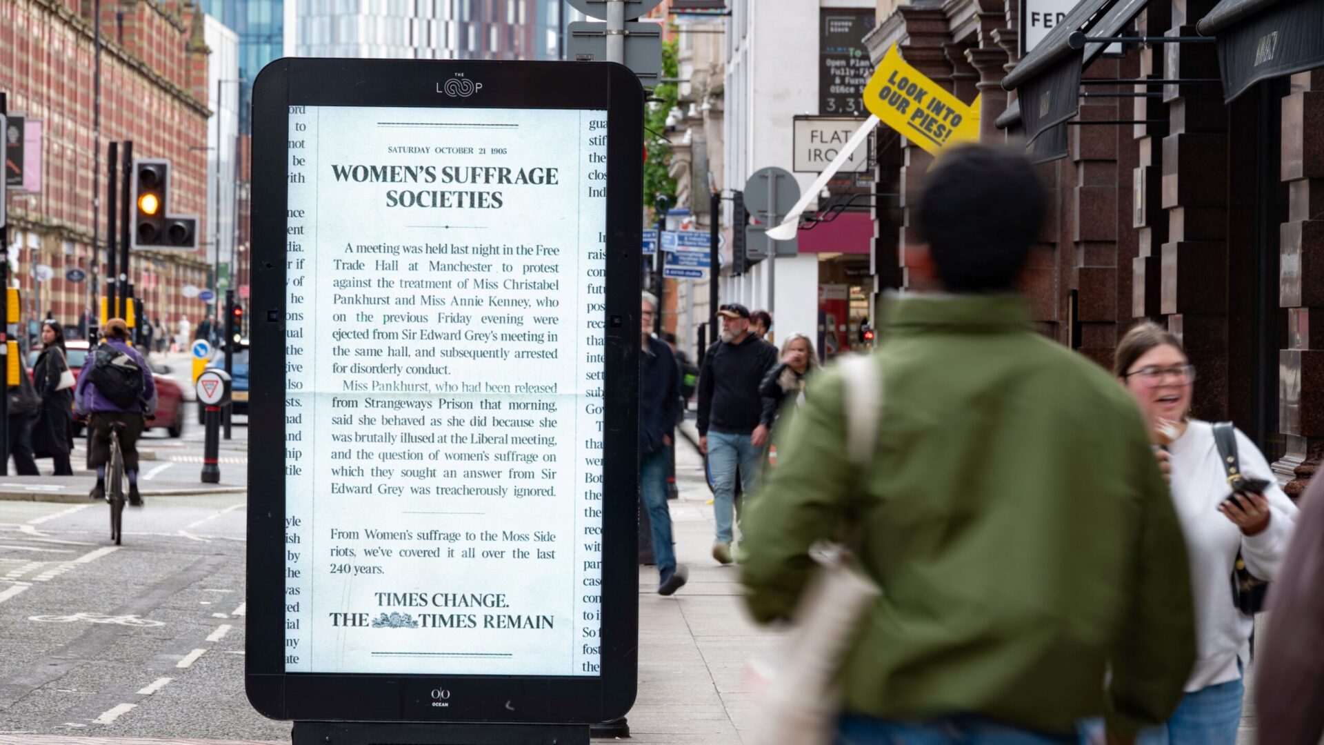 A Manchester execution of The Times campaign references the city’s role in the women’s suffrage movement (Image: Ocean Outdoor)