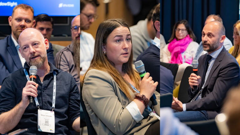 Representatives from the three largest DACH integrators at DSS Munich (from left): Ines Seibold, P.O.S. The Instore Experience; Oliver Schwede, Cancom; and Bernd Albl, Umdasch Digital (Photos: invidis/Tom Cesalek)