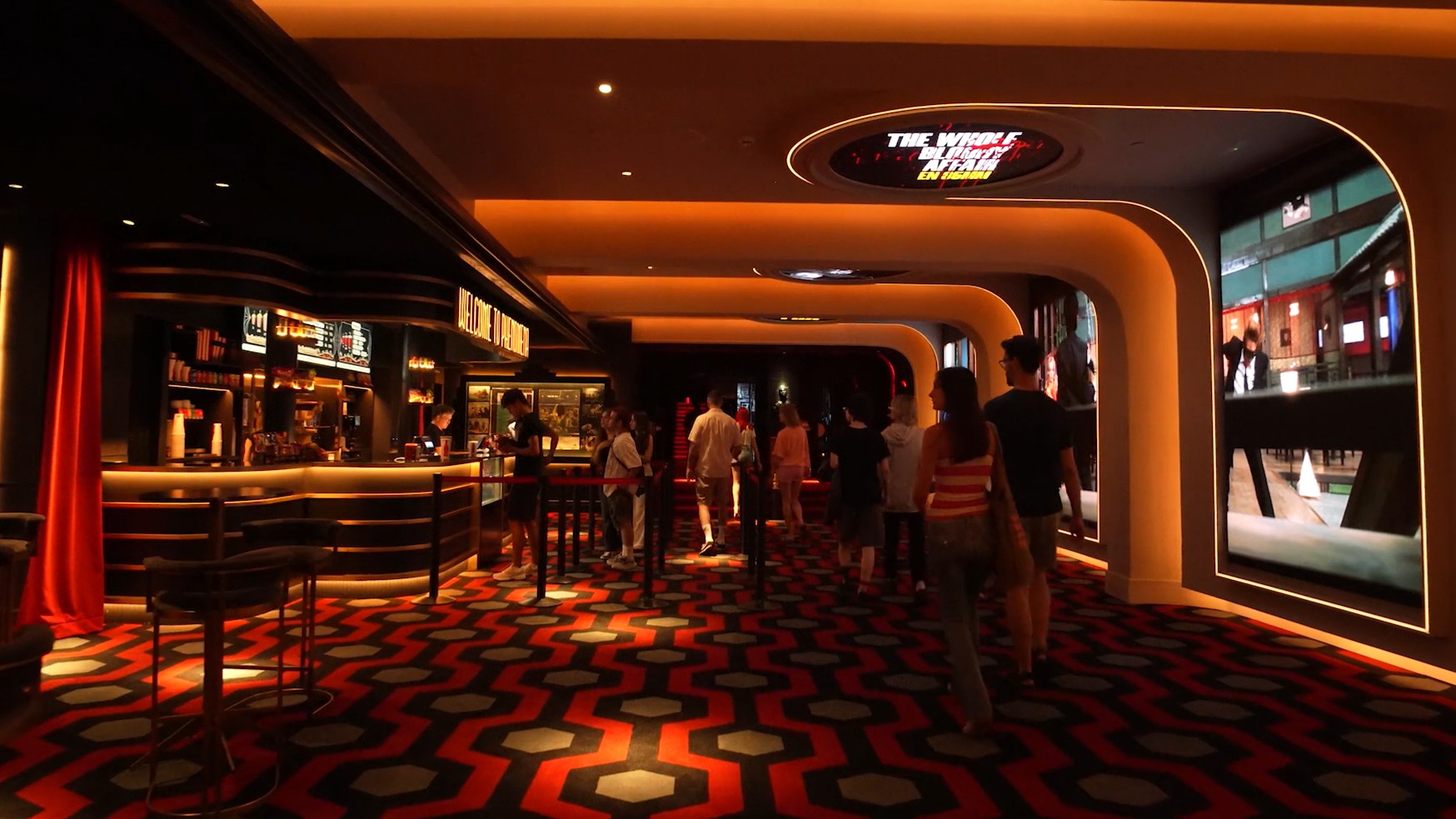 The redesigned lobby combines architectural lighting, digital media and a relocated concessions area (Image: Instronic)