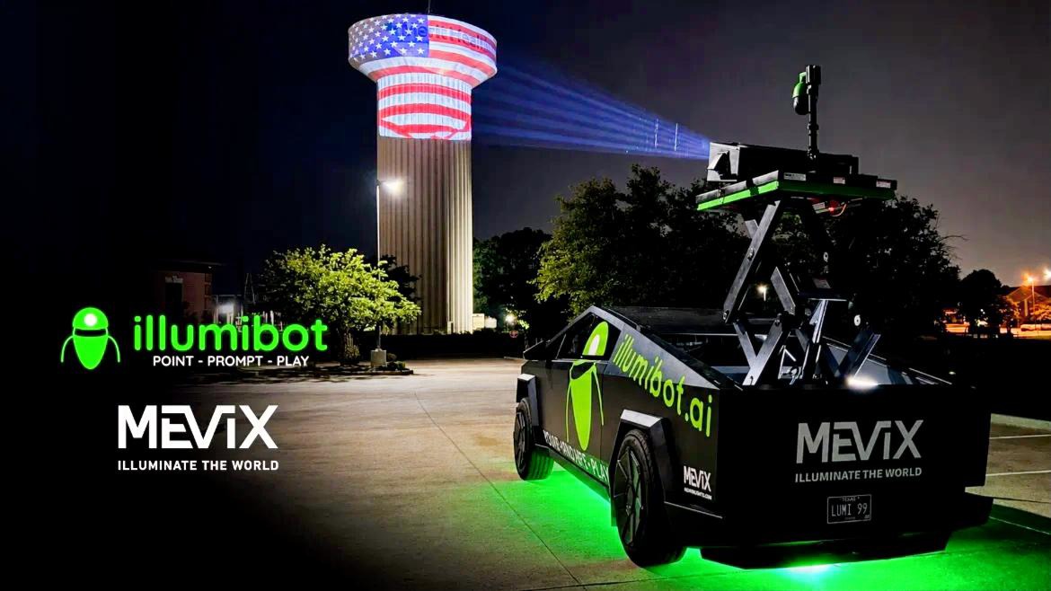 Projection Mapping: Panasonic, Illumibot Send Out AI-Powered Mobile Projection Fleet - Illumibot's mobile projection mapping platform uses a Panasonic MEVIX laser projector to display content on a water tower during a demonstration (Image: Panasonic) Illumibot's mobile projection mapping platform uses a Panasonic MEVIX laser projector to display content on a water tower during a demonstration (Image: Panasonic)
