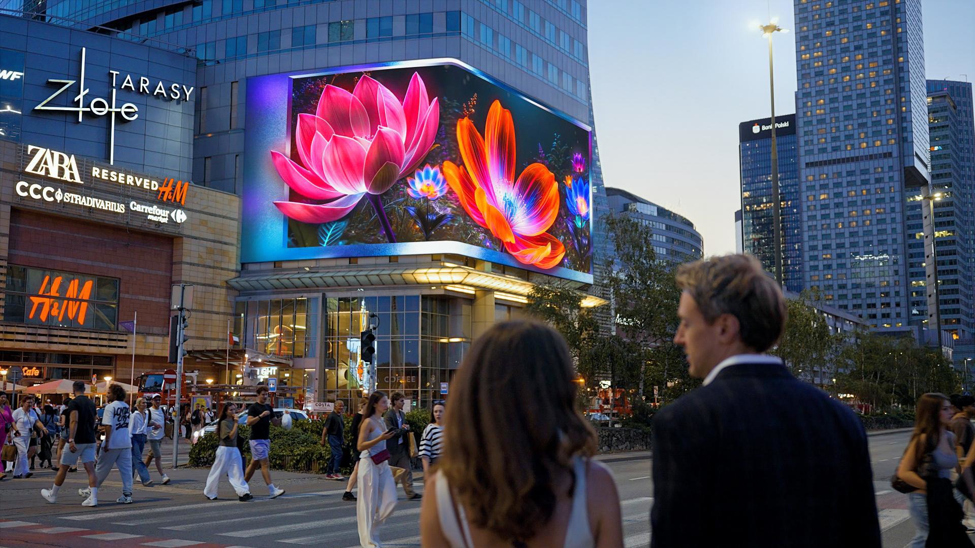 DooH: 800 Square Meter Three-Sided 3D Screen Debuts In Warsaw - Warsaw Stage, Digital Network's new three-sided LED display, stands at the entrance to Złote Tarasy shopping center in central Warsaw. (Image: Digital Network)
Warsaw Stage, Digital Network's new three-sided LED display, stands at the entrance to Złote Tarasy shopping center in central Warsaw. (Image: Digital Network)