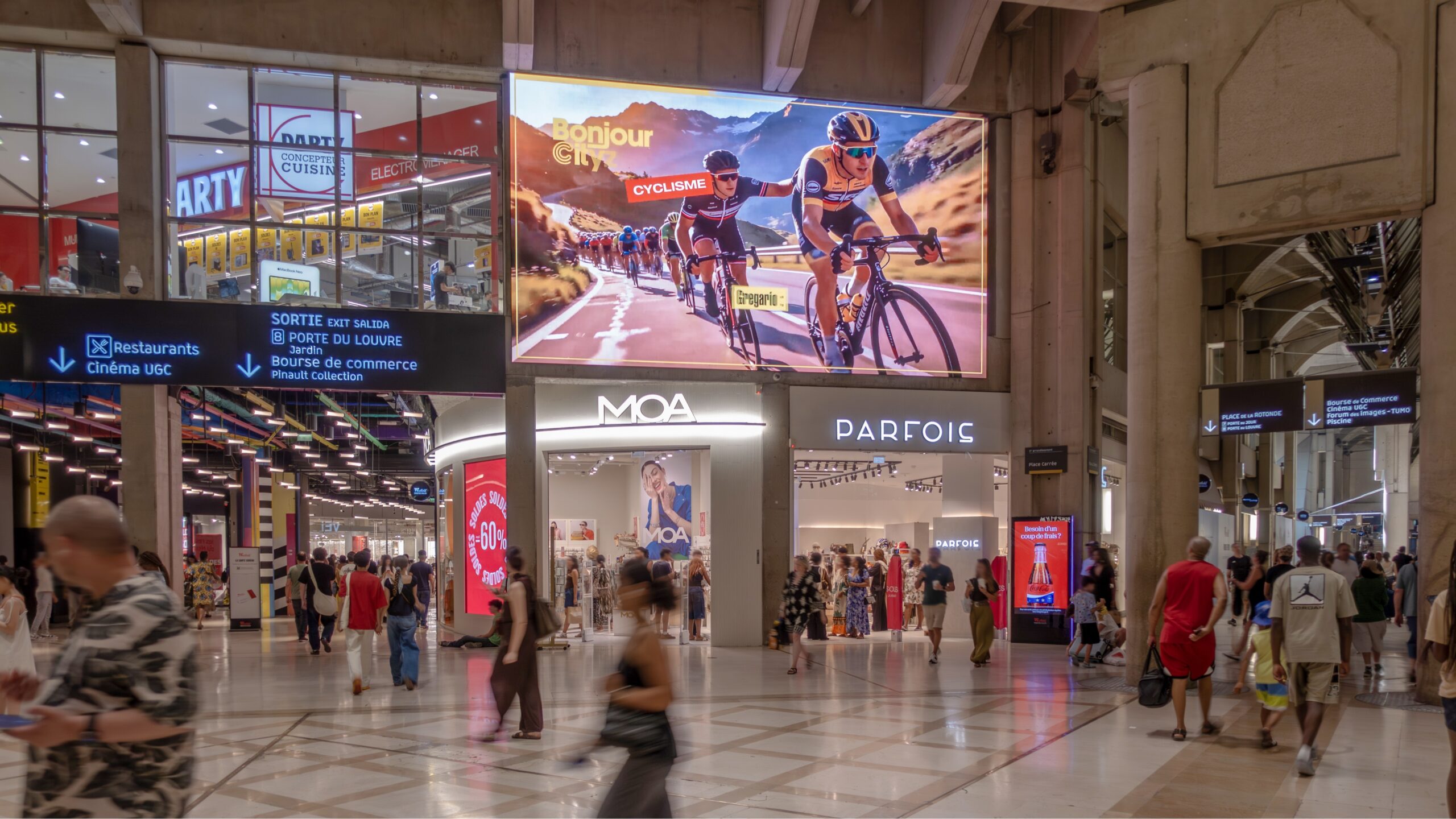 The upgraded Infiled LED display overlooks Place Carrée, a high-traffic gathering point inside Westfield Forum des Halles in Paris (Image: Infiled)