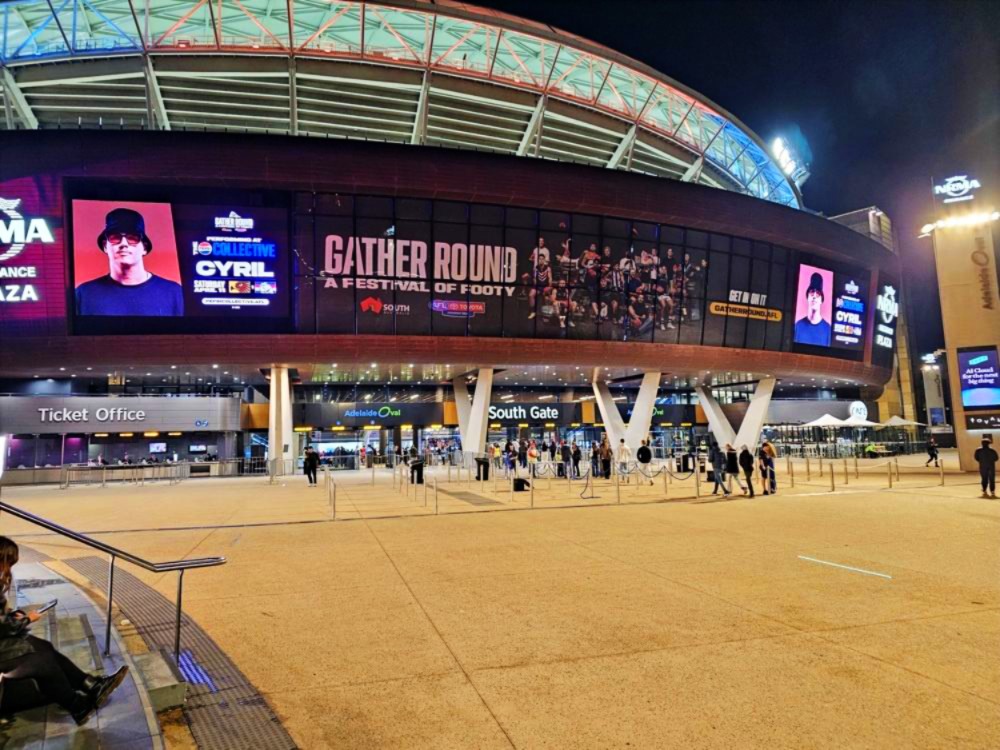 Two new 8 mm Daktronics LED displays at Adelaide Oval’s entrances provide digital content for fans arriving at the venue (Photo: Daktronics)