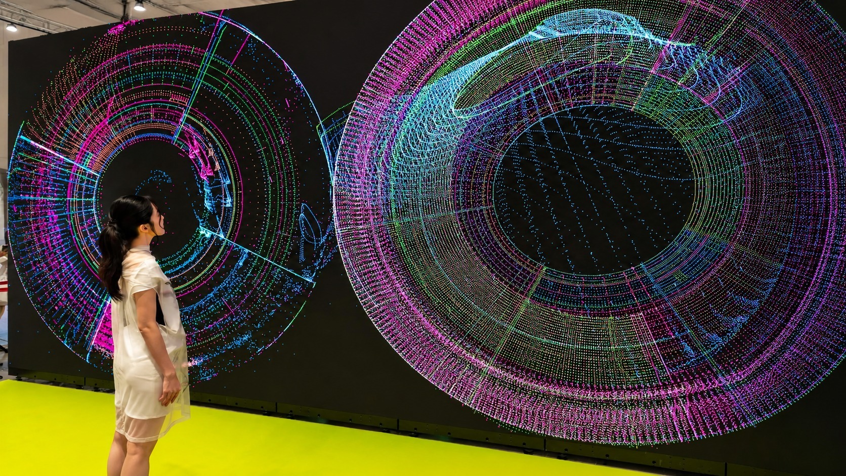 A visitor views Kim Asendorf’s visual LED screens at Art Basel Hong Kong. (Image: Nguyen Wahed/Kim Asendorf)