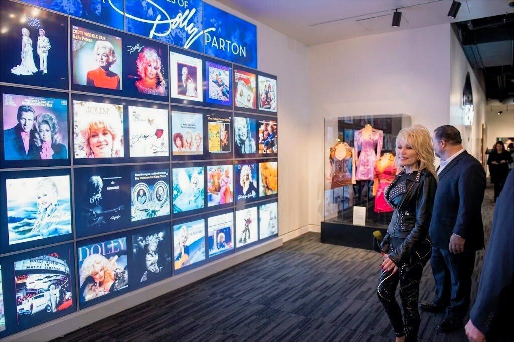 A 2019 Videri installation showcased album covers from across Dolly Parton’s career, highlighting her decades-long musical legacy (Image: Videri)