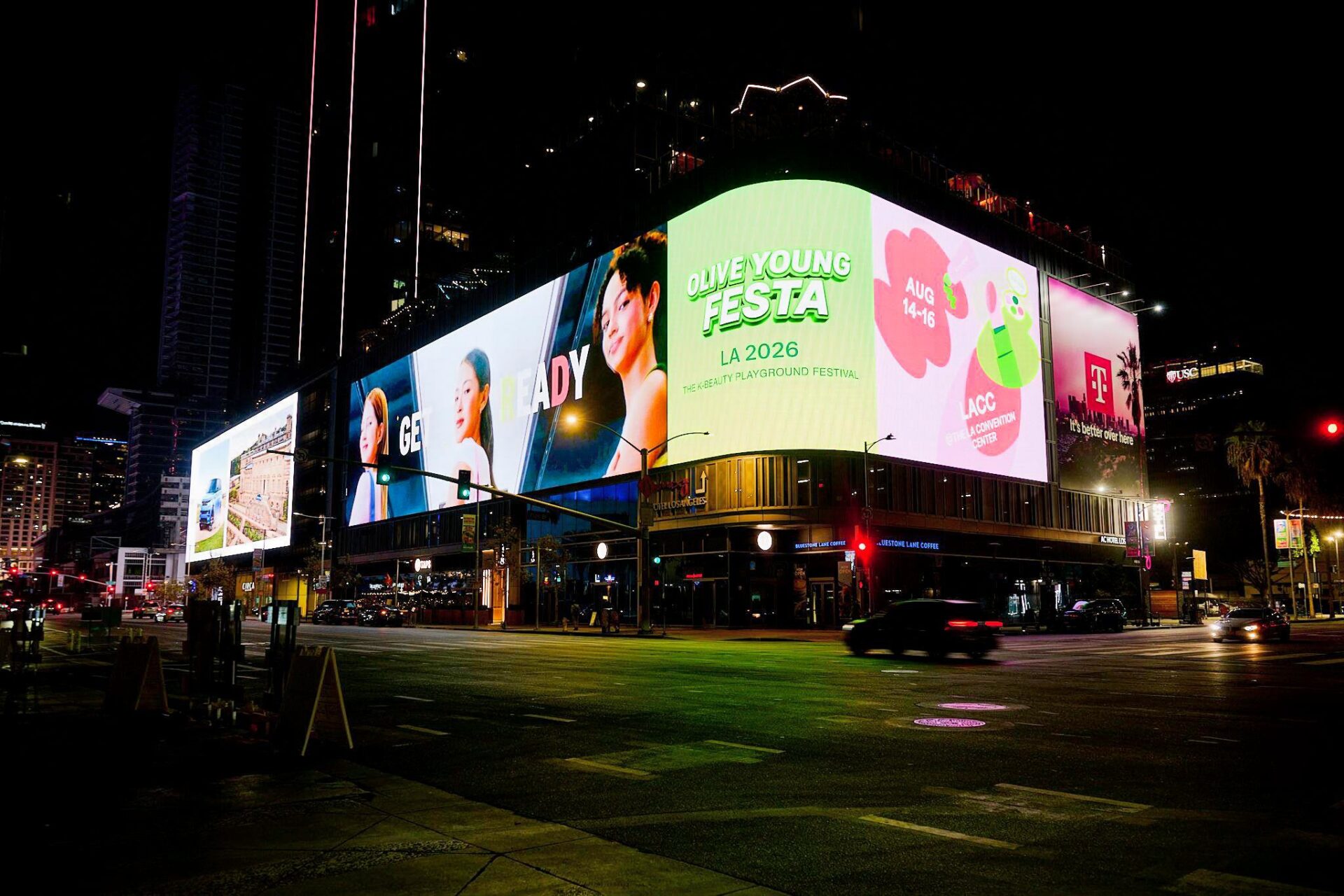 Olive Young Festa LA 2026 takes over a large-format digital display near the Los Angeles Convention Center during the three-day K-beauty event (Image: BloomingTerra)