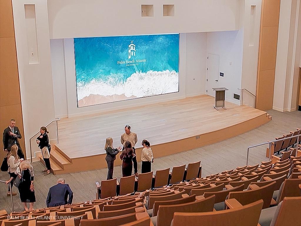 The 300-seat Titus Lecture Hall features one of two new fine-pitch LED video walls installed at Palm Beach Atlantic University's Rinker College of Business (Image: SNA Displays)