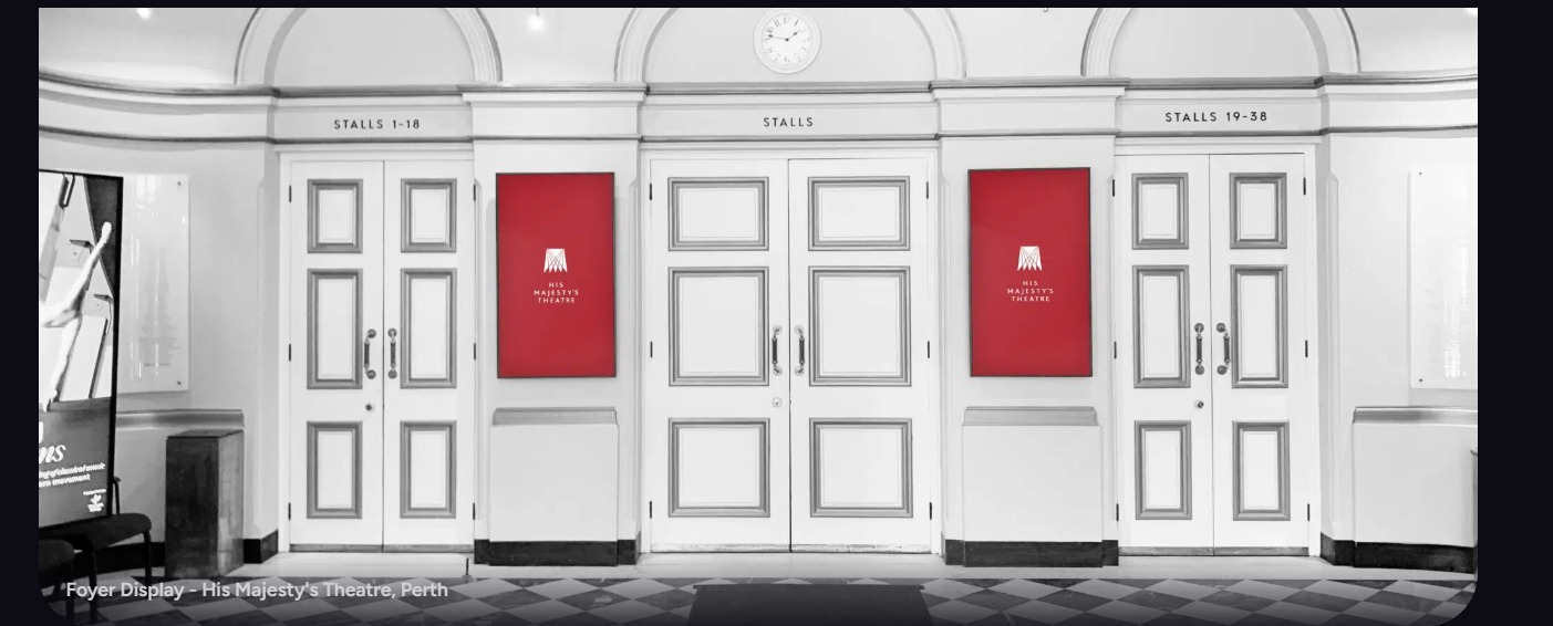 Digital displays integrated into the foyer at His Majesty’s Theatre provide promotional content while preserving the heritage character of the space. (Image: Amped Digital)