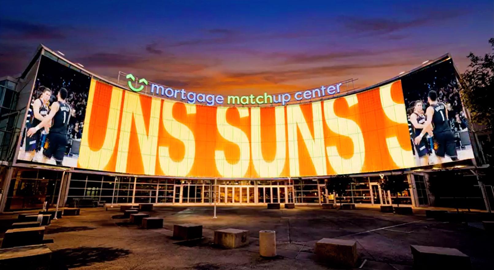 The new transparent LED facade can display a single continuous image or divide content across its center and side panels. (Image: Phoenix Suns)