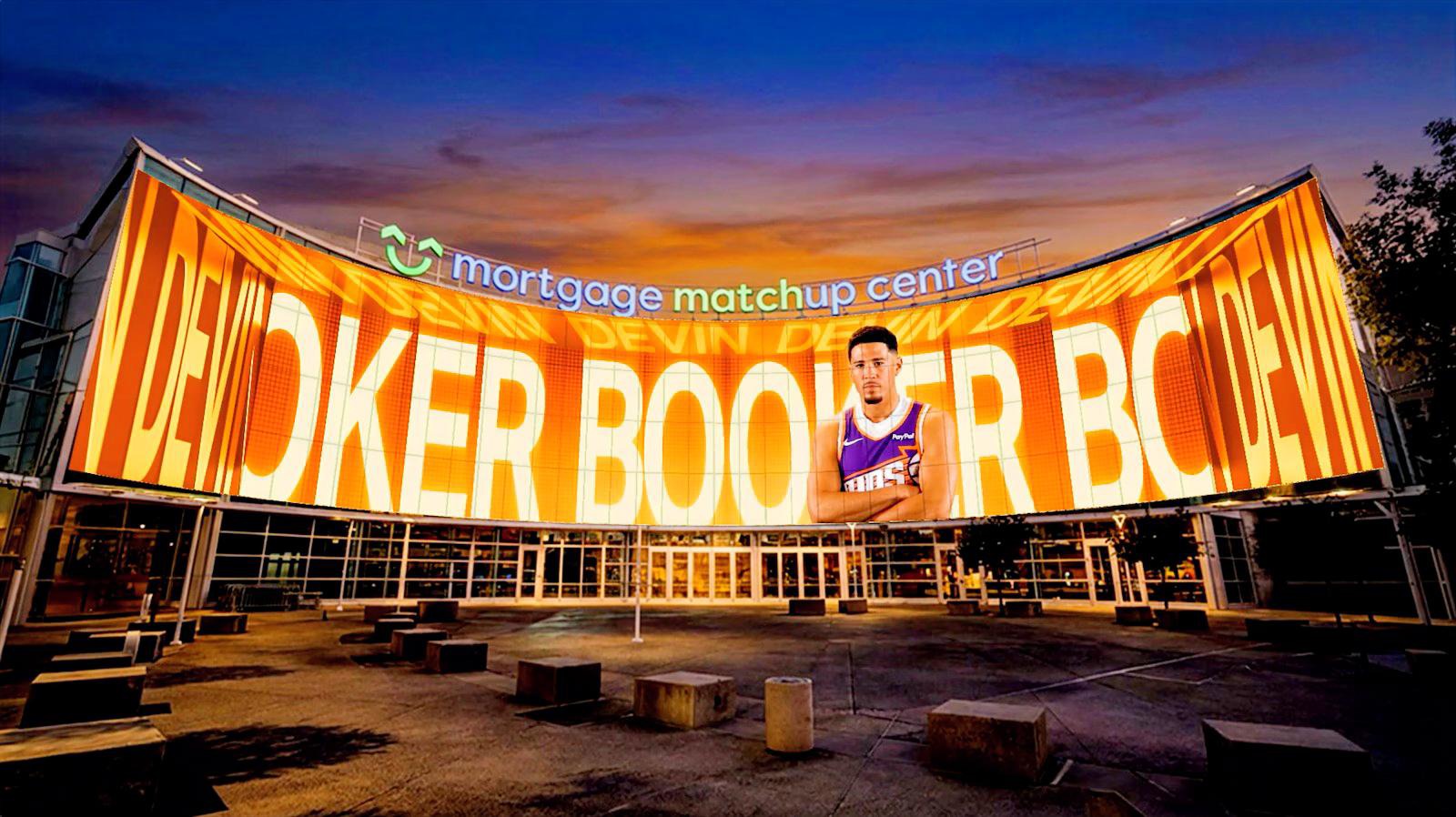 The new 9,266-square-foot transparent LED display spans the main entrance of Mortgage Matchup Center in Phoenix. (Image: Phoenix Suns)