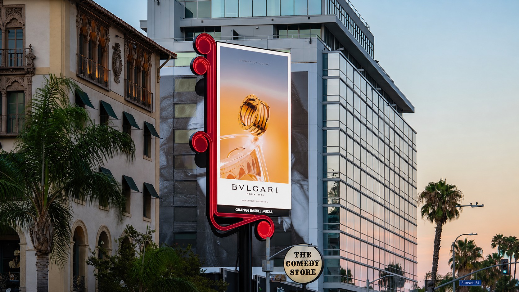 The Comedy Store’s new installation features two 30-foot-tall exterior LED displays (Image: Orange Barrel Media)