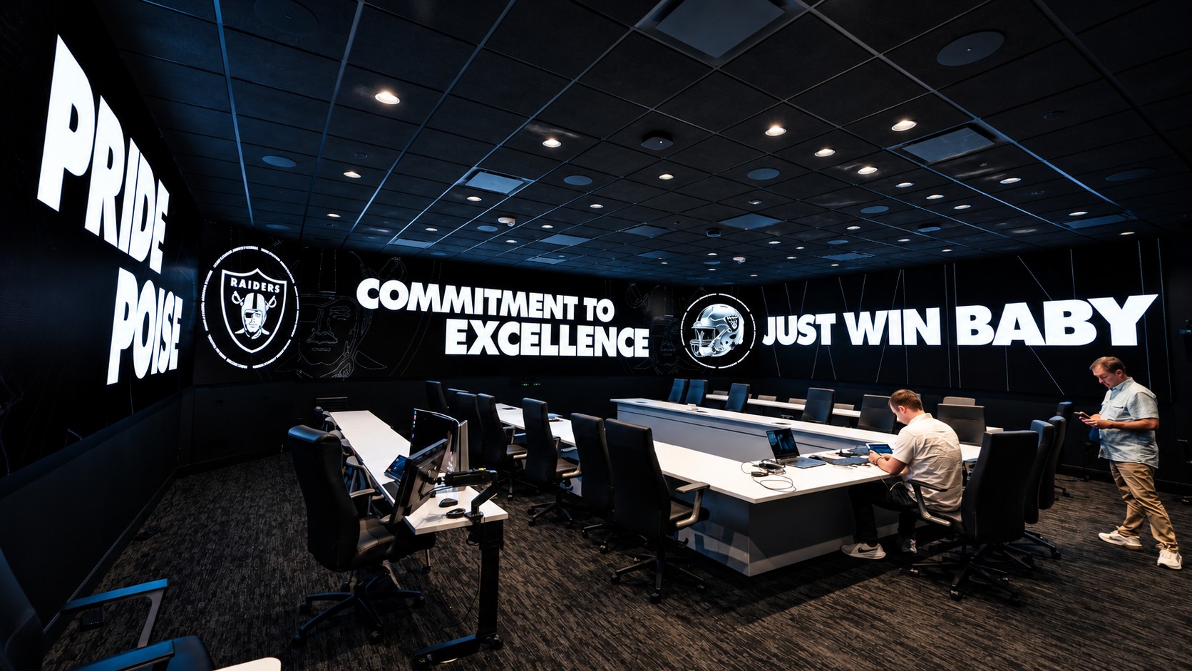 Raiders branding and team slogans stretch across the fine-pitch LED installation inside the team’s upgraded draft room (Image: SNA Displays)