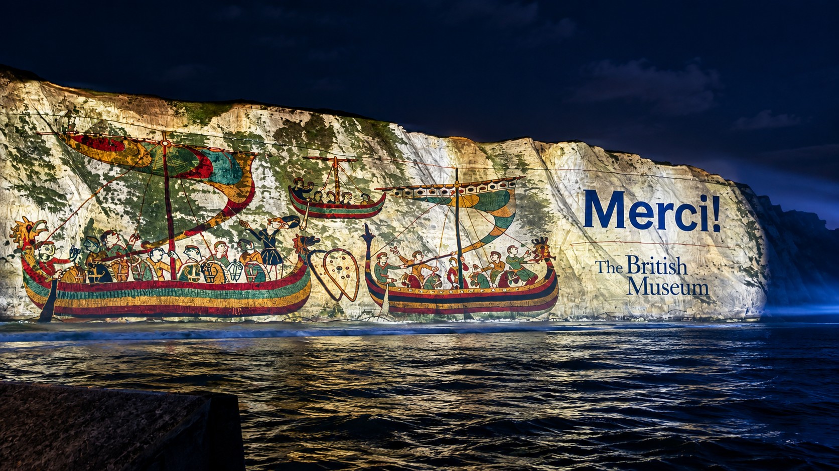 Bayeux Tapestry imagery and a “Merci!” message to France stretch across the White Cliffs of Dover during the British Museum projection. (Image: Panasonic/Pixel Sharp)