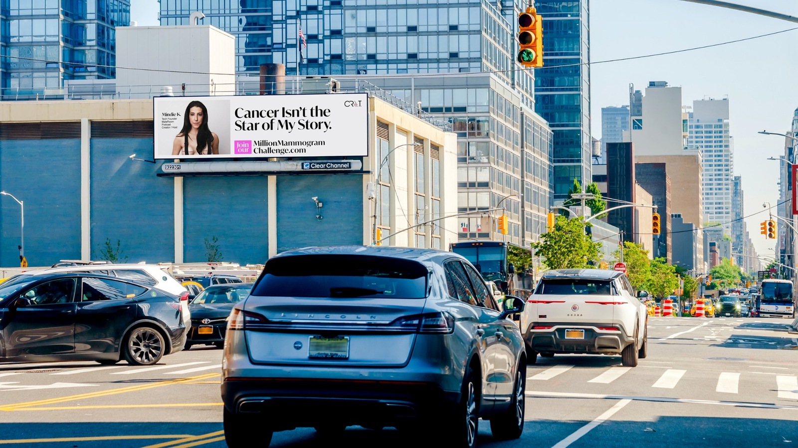 A Clear Channel Outdoor digital billboard in New York City features the Million Mammograms Challenge campaign and its “Cancer Isn’t the Star of My Story” message (Image: Clear Channel)