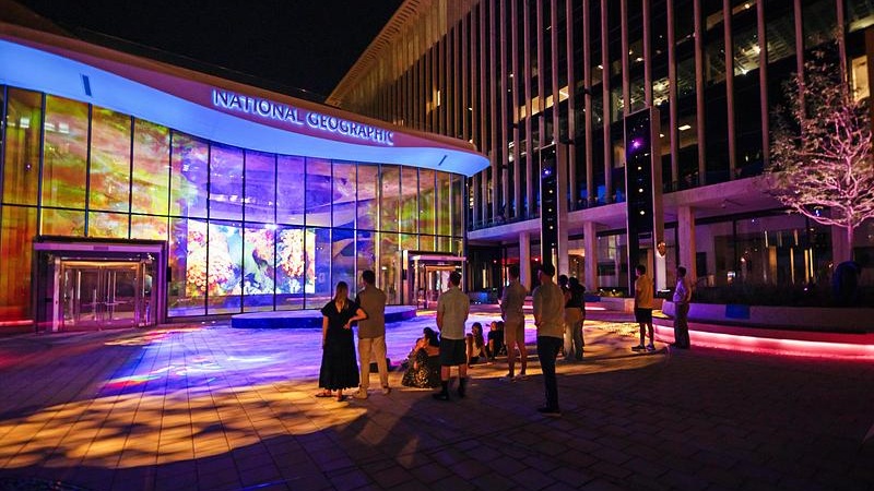 Colorful architectural projections and lighting transform the museum's outdoor courtyard into an immersive nighttime environment (Image: Moment Factory)