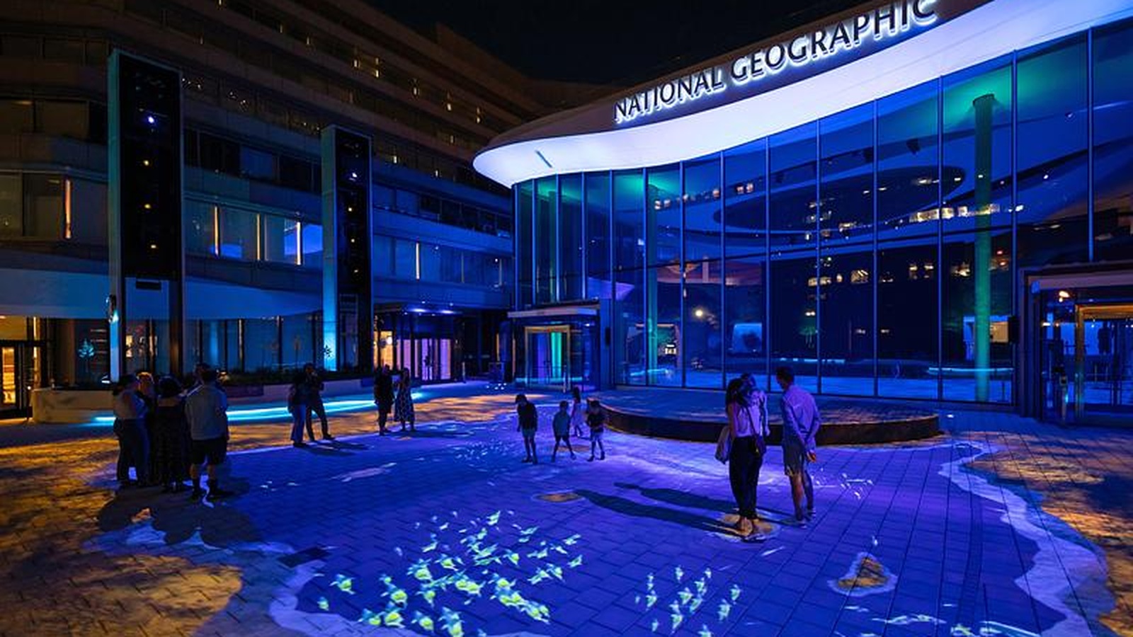 Moment Factory's Wonders of Our World: Ocean transforms the National Geographic Museum of Exploration's courtyard in Washington, D.C., with architectural projections, interactive floor displays and a smart-glass facade (Image: Moment Factory)