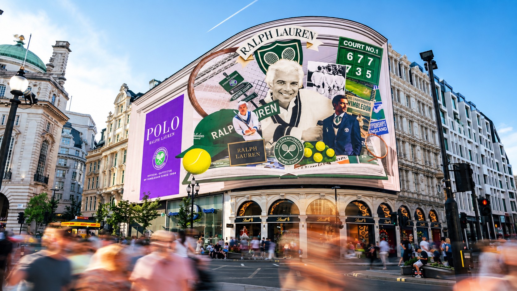A Ralph Lauren Wimbledon campaign takes over London's Piccadilly Lights, another high-profile location featured in Ocean Outdoor's brand perception research (Image: Ocean Outdoor)
