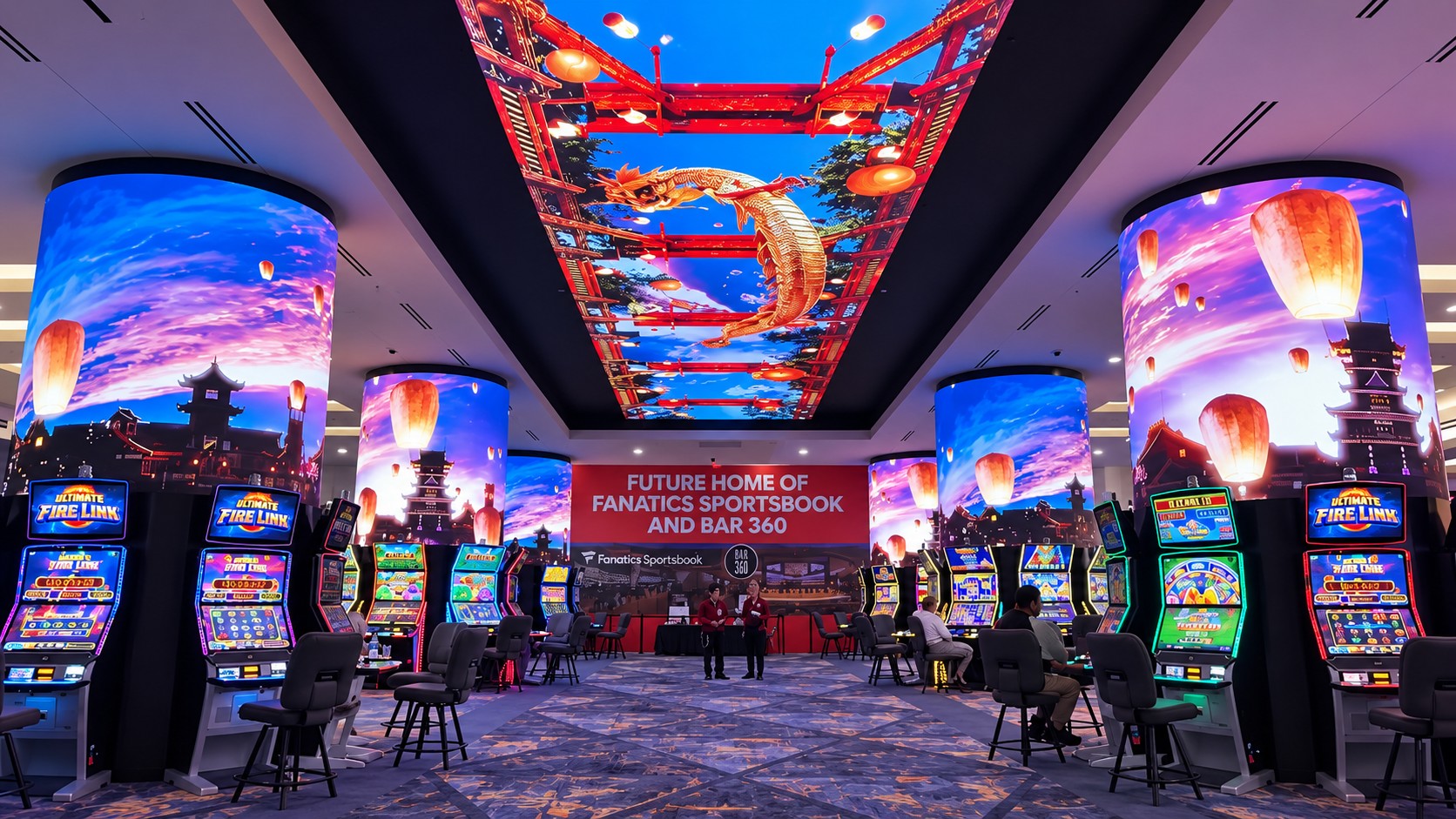 A flying dragon and lantern-filled skyline span the ceiling and column displays, one of several visual environments Render Impact developed for Resorts World New York City. (Image: Render Impact)