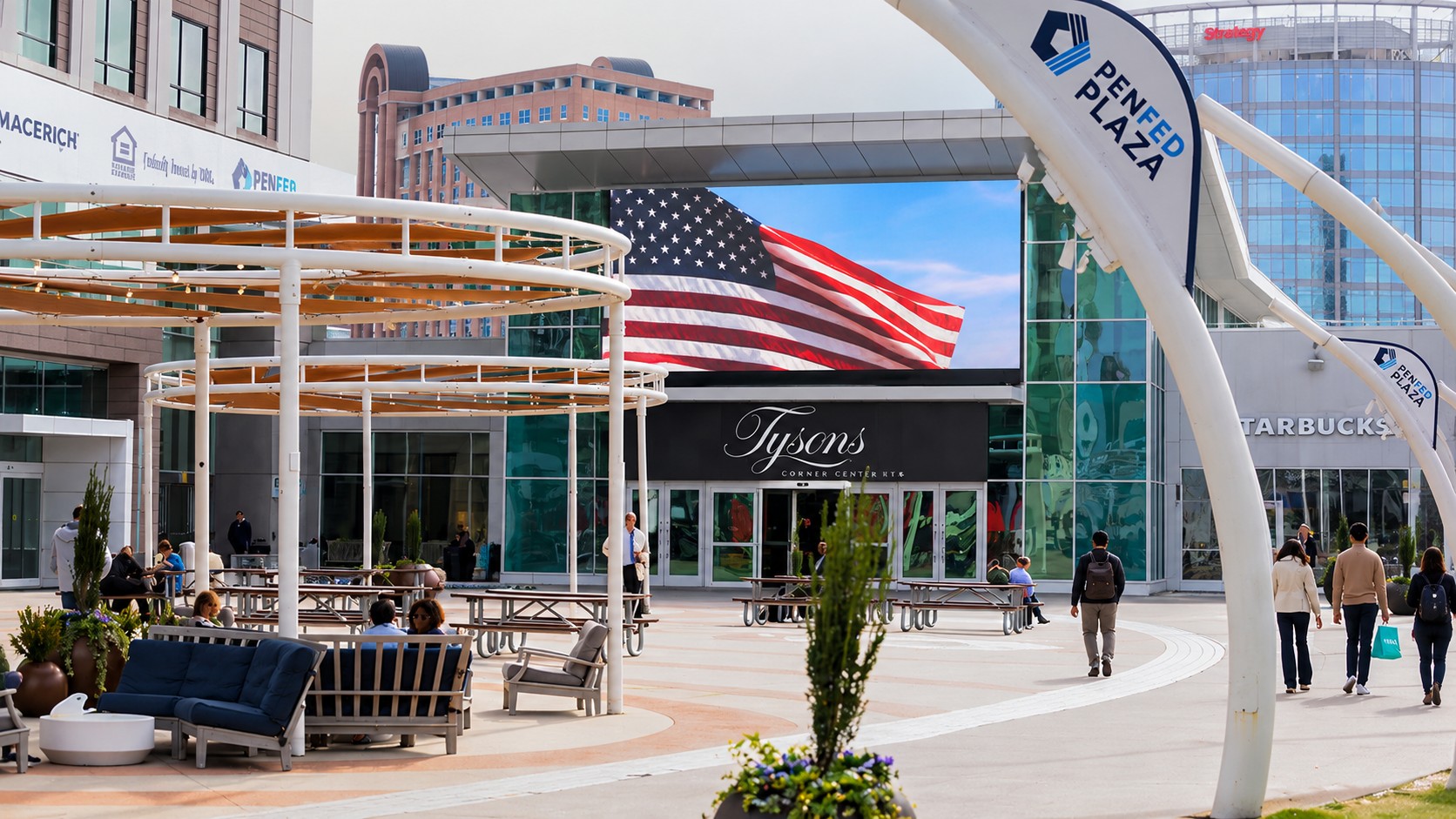 Tysons Corner Center: SNA Displays Adds Outdoor LED Screen - A new SNA Displays LED screen overlooks PenFed Plaza at Tysons Corner Center in McLean, Virginia, supporting advertising, branding and community events (Image: SNA Displays) A new SNA Displays LED screen overlooks PenFed Plaza at Tysons Corner Center in McLean, Virginia, supporting advertising, branding and community events (Image: SNA Displays)