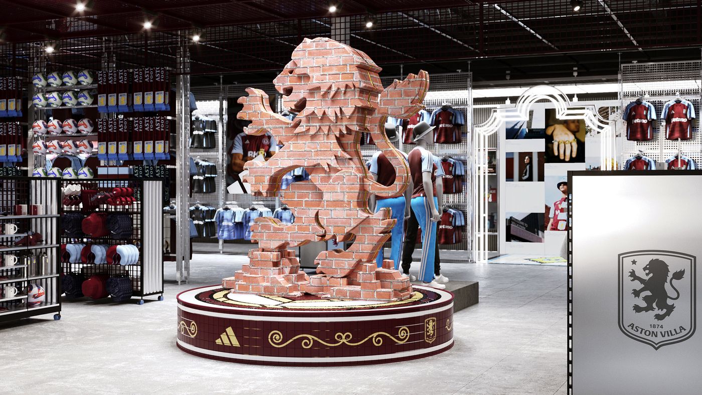 Brick Statue of Aston Villa’s Iconic Lion Projection-Mapped At Football Club’s Reimagined Stadium Store