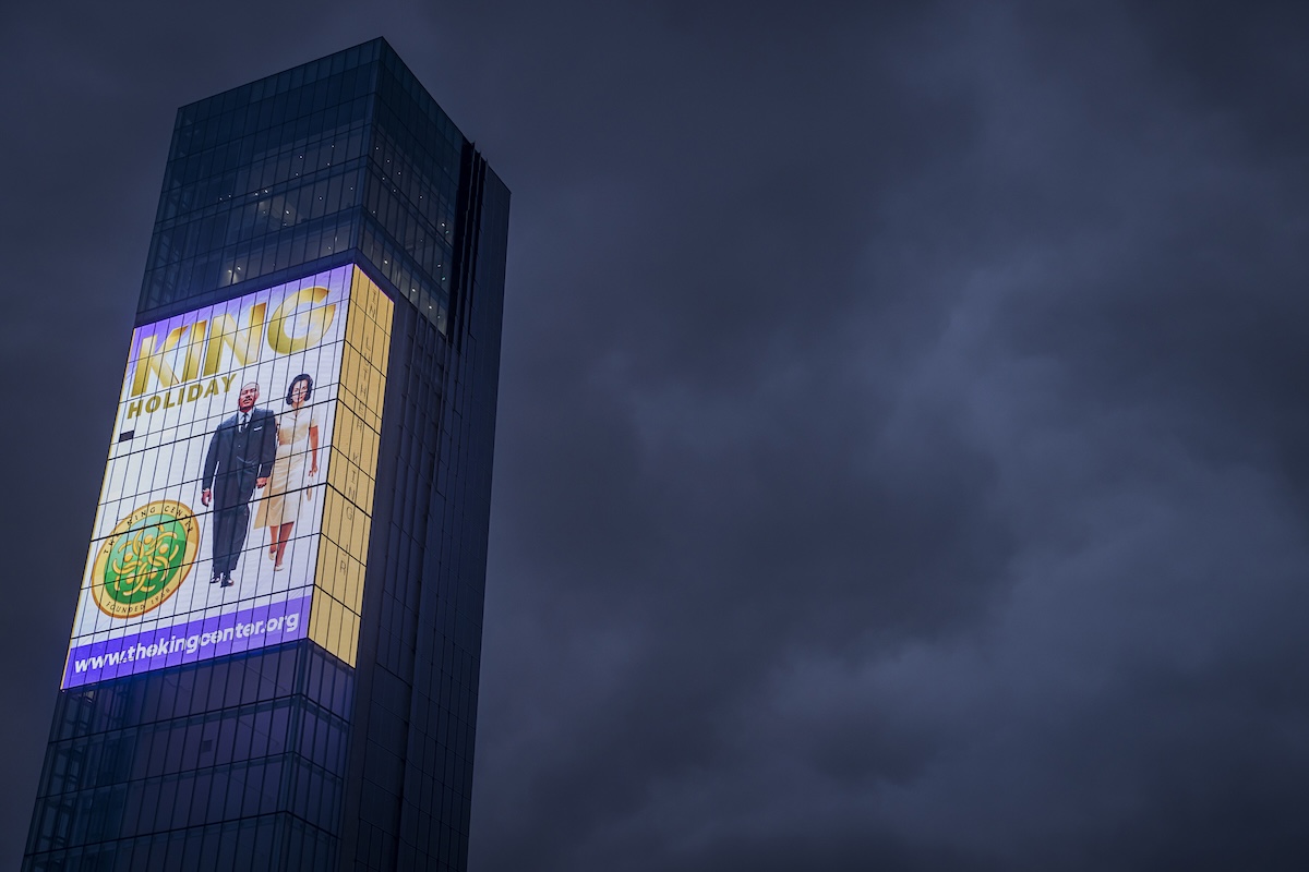 Creative On Eight-Story Mesh LED Attached To Atlanta Tower Honors Martin Luther King Jr. - TKE Collaboration with King Center. 1.19.25