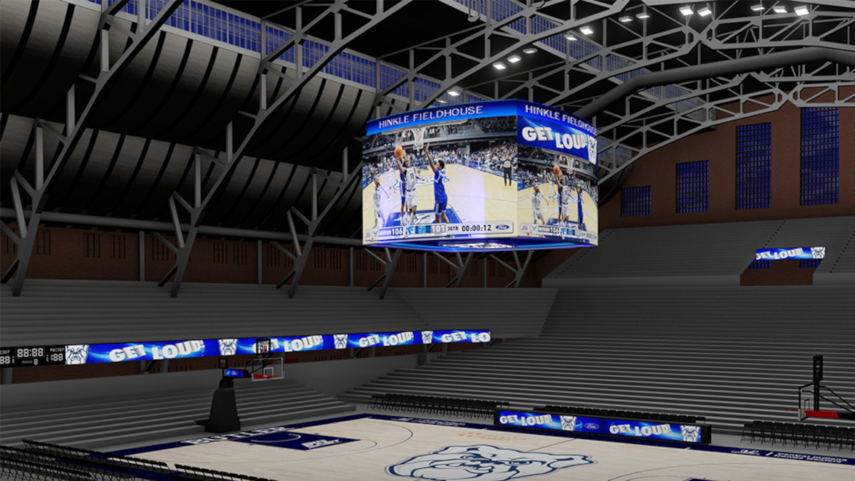 Rendering of the new signage at Hinkle Fieldhouse (Mock-up: Anthony James Partners)