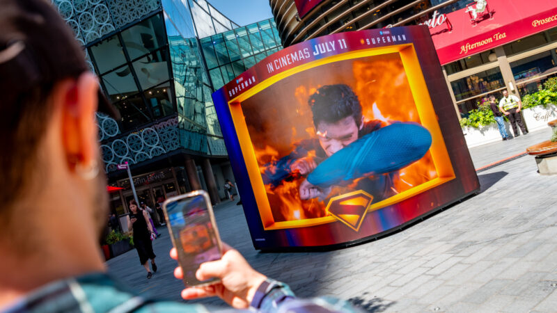 The new DOOH cube displays advertising for the Superman film. (Image: Ocean Outdoor)