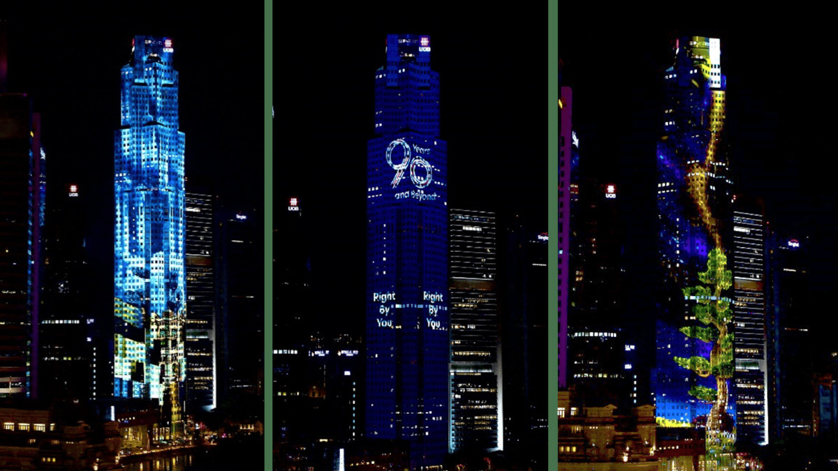 Projection mapping on UOB bank tower in Singapore (Image: UOB)