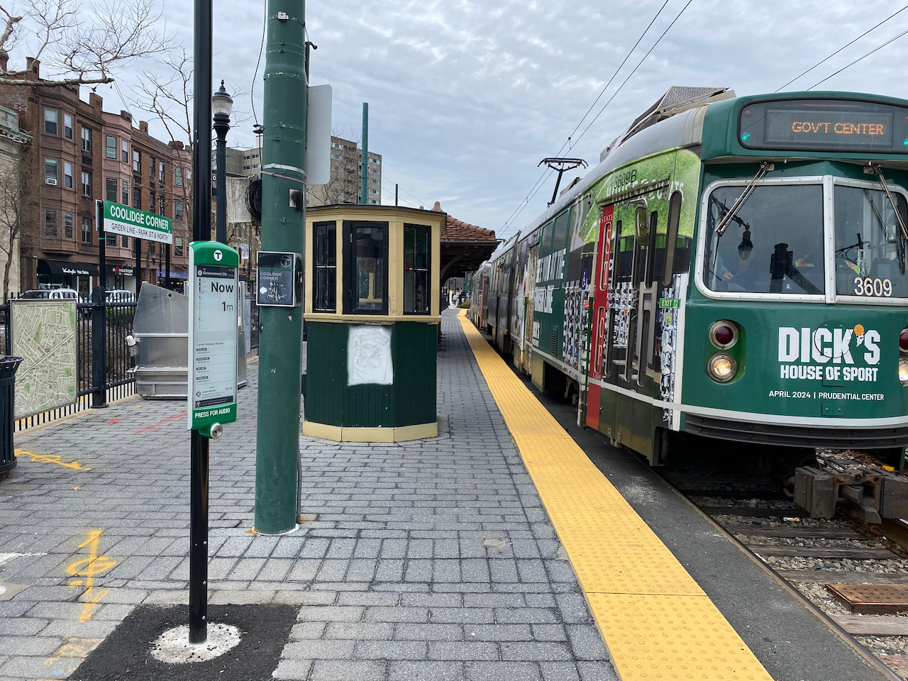 Coolidge Corner in Boston demonstrating E-Ink technology at a public transit stop