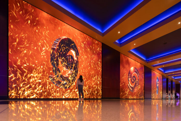 Poker room entryways feature three 17-by-21-foot displays with 8K resolution