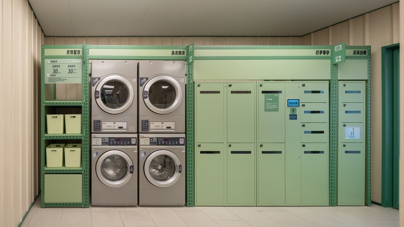 Self-service laundry with the wash wall and storage