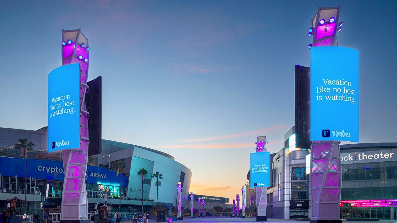 LED Media Towers Line Reworked Chick Hearn Court Plaza Outside Crypto.com Arena (Image: Anthony James Partners)